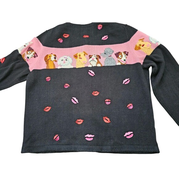 Michael Simon M Cardigan Dog Sweater Kiss Lips Embroidered Beaded Black Pink - Picture 9 of 16